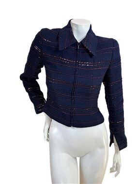 Vintage Chanel Navy Tweed Sequin Zip Jacket FR 36